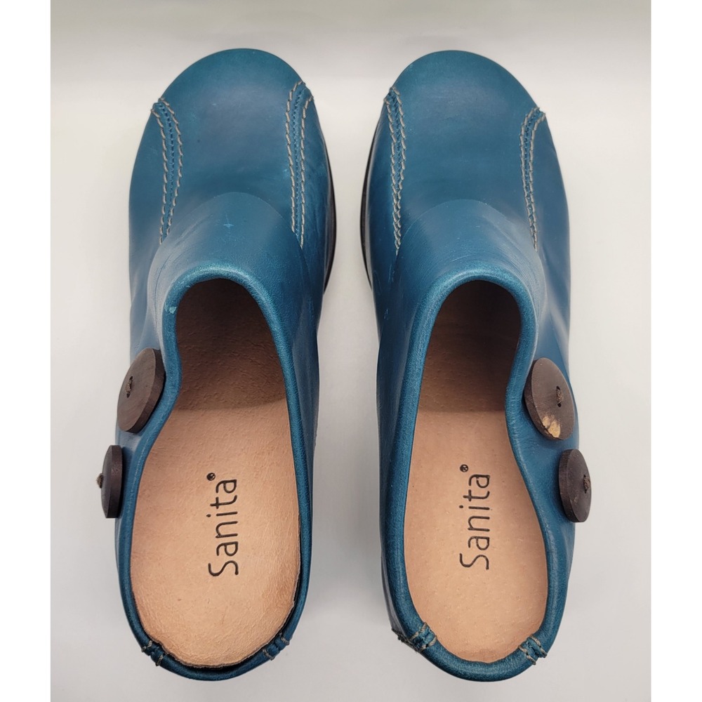 Sanita Teal Blue Leather Mule Clogs Women EU 37 US 6.5-7 Comfort Button 70s 90s - Picture 16 of 16